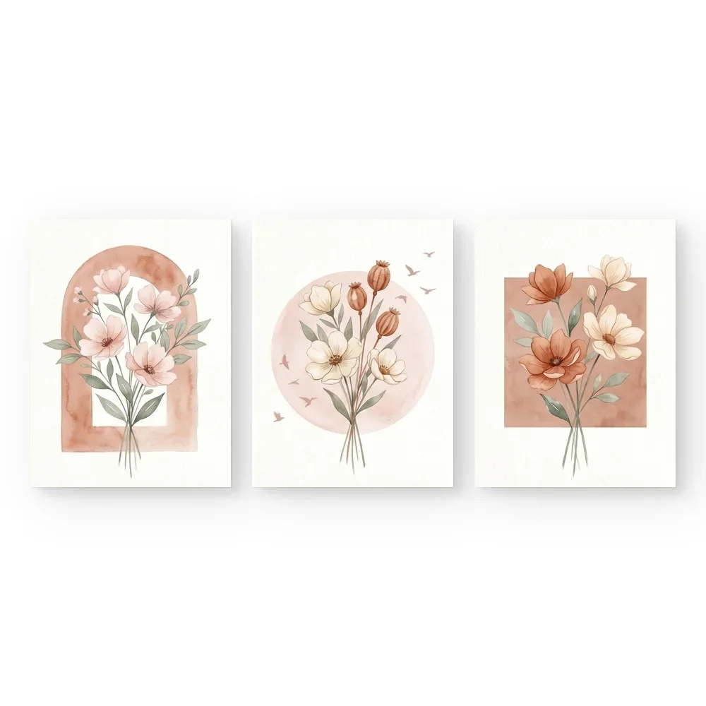 3PCS Framed Boho Terracotta Floral Canvas Wall Art, Watercolor Wildflower Arch Prints for Bedroom