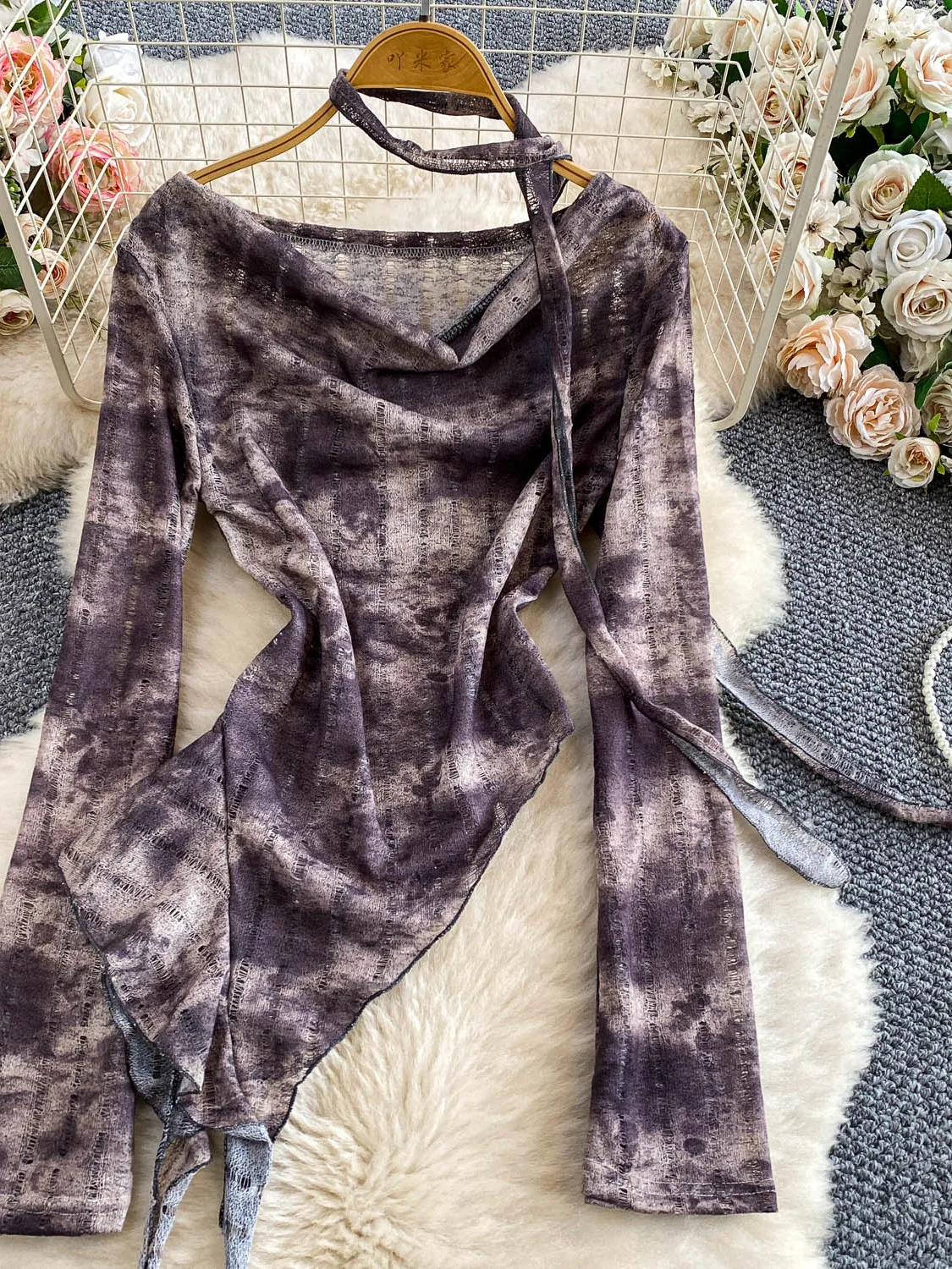 Cseta Sexy de Manga Larga Estilo Americano para Mujer, Ajustada, E, con Diseño de Cinta Asimétrica Desgastada, Cint...