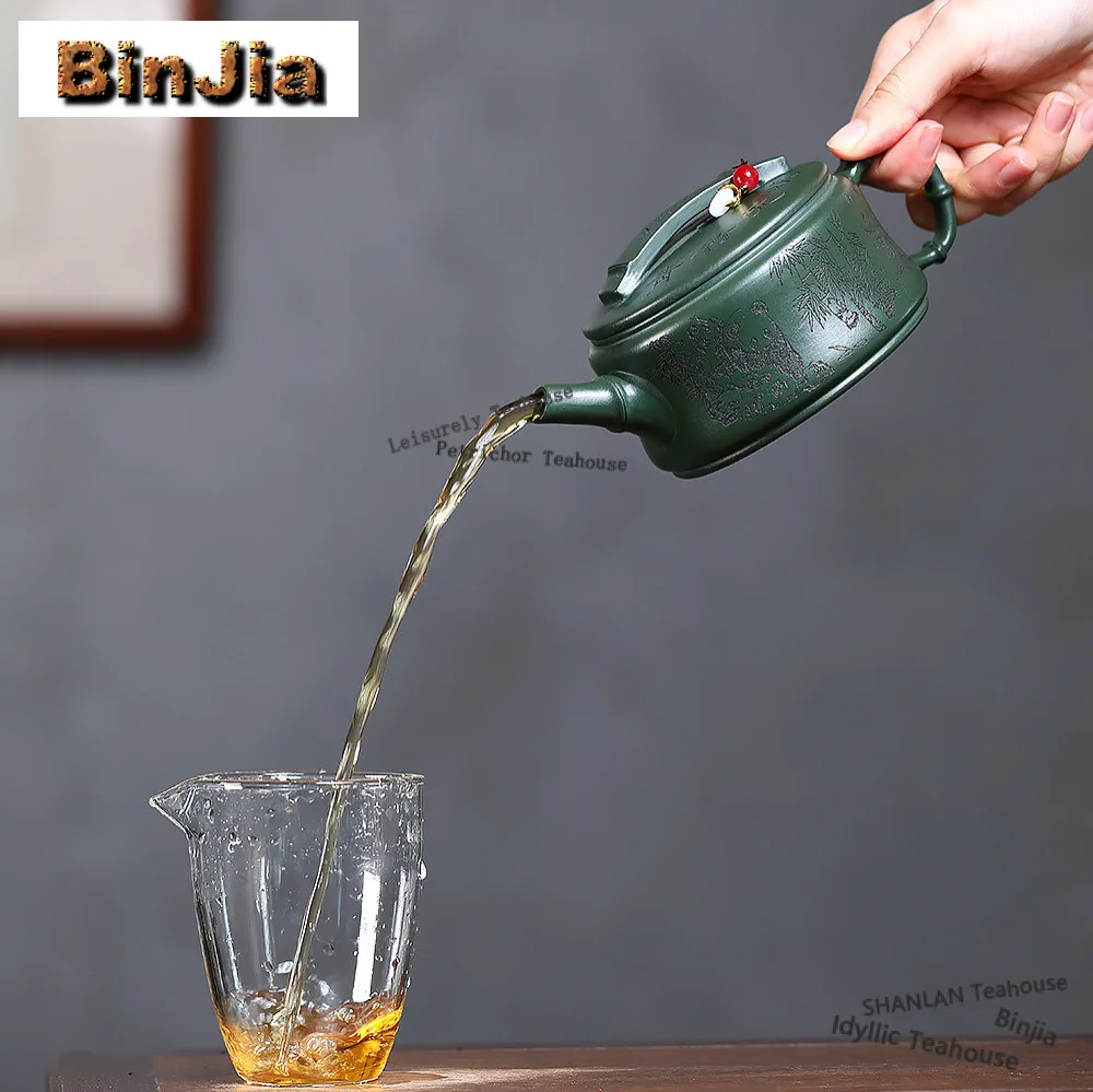 330ml Aesthetic Yixing Purple Clay Teapots Handmade Panda Large Diameter Pot Raw Ore Dark Green Mud Kettle Zisha Tea Set Gifts