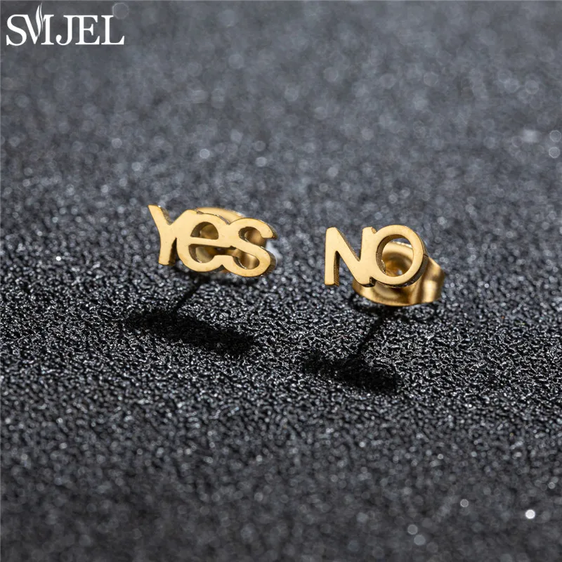 New 2026 Creative Stainless Steel Yes No Letter Earrings for Women Fashion Jewelry Cute Asymmetry Ear Studs Friendship Gift