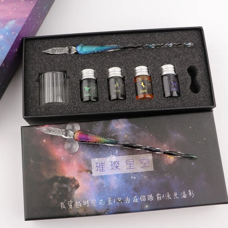 Glass Ink Pen Set, Glass Dip Pen with Ink and Pen Holder Art Crystal Glass Pens for Signatures, Business Christmas Gift Ink Pens