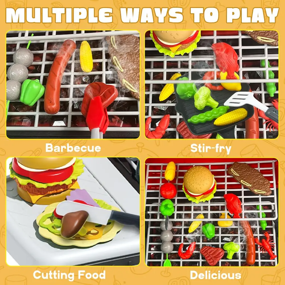 Kid Toy Grill, BBQ Grill Playset with Light Sound, Smoke Effect and 2 Wheels, Pretend Food
