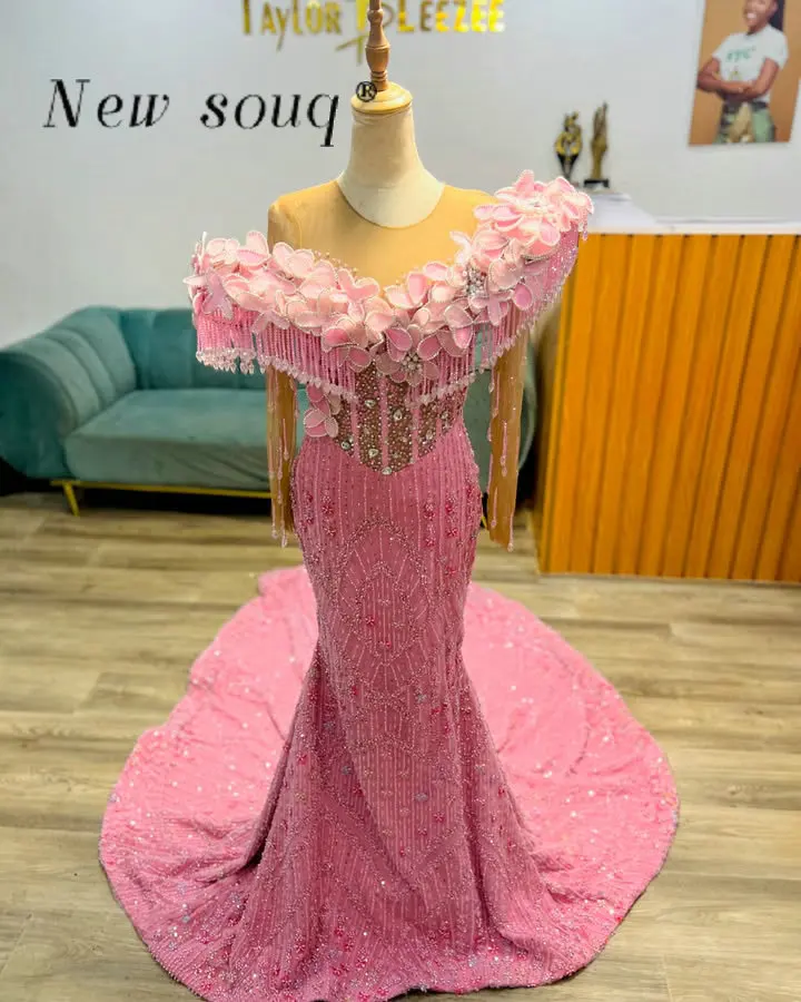 

Customized Pink Crystals Beaded 3D Floral Prom Dresses for Black Girls 2025 Aso Ebi Plus Size African Wedding Evening Gowns