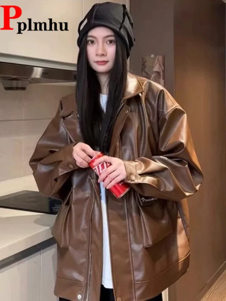 

Мешковатые винтажные куртки из искусственной кожи Casaco, модная свободная куртка на молнии Chaquetas с длинными рукавами и отложным воротником, новое пальто Jaquetas