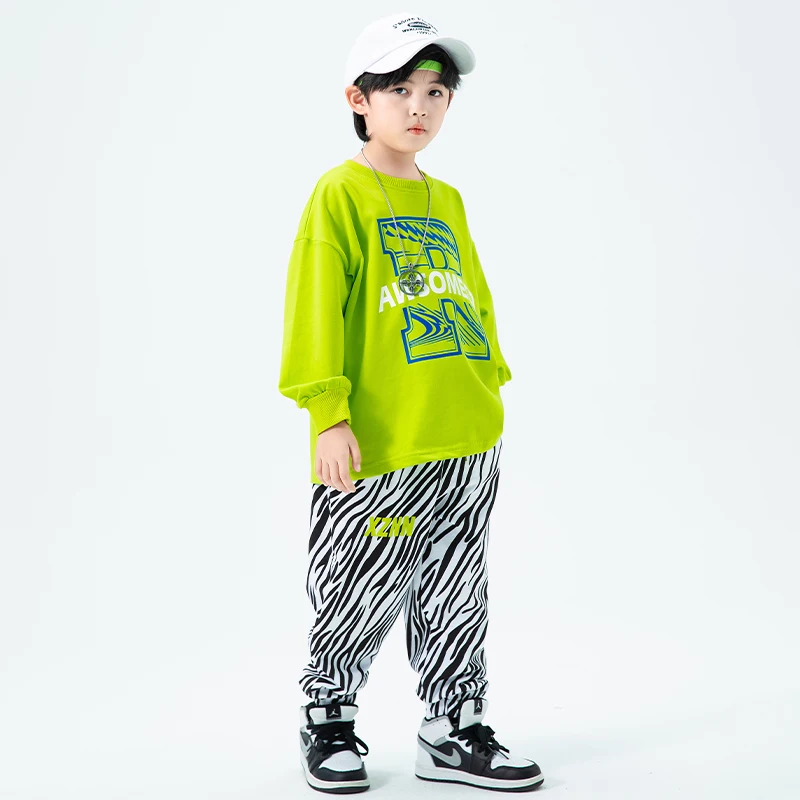 Fato de dança jazz infantil, calças joggers para menina e menino, roupas hip-hop, roupas grandes para adolescentes, moletom verde e zebra, roupas para exposição