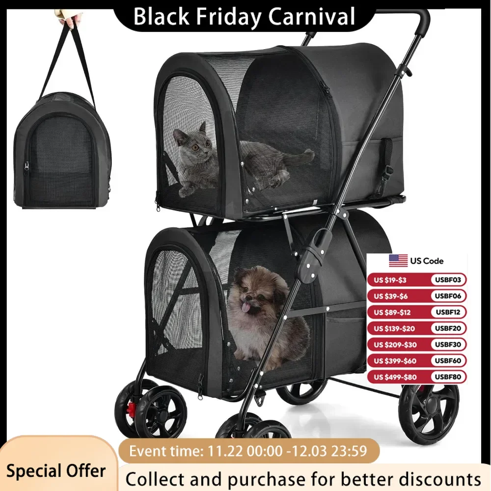 Dual Pet Cart, Equipped with 2 Detachable Tote Bags and Seat Belts, 4 Lockable Wheel Storage Spaces, Cat and Dog Cart (Black)