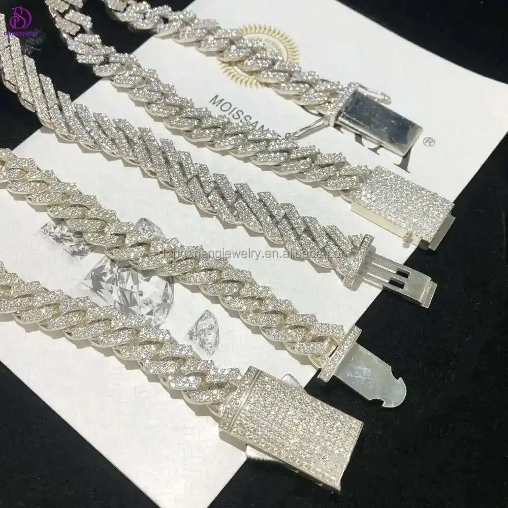 

925 Sterling Silver 10mm 12mm 13mm Fashion Jewelry Necklaces Hip Hop 2 Row Iced Out Vvs Diamond Moissanite Cuban Link Chain