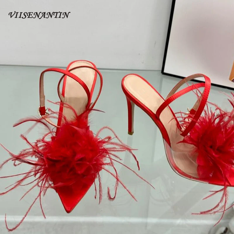 Sexy Thin Heel Women Sandal Shoes Feather Ponited Toe PVC Elegant Party Sapatos Mujer Summer Women Runway Exquite Pumps