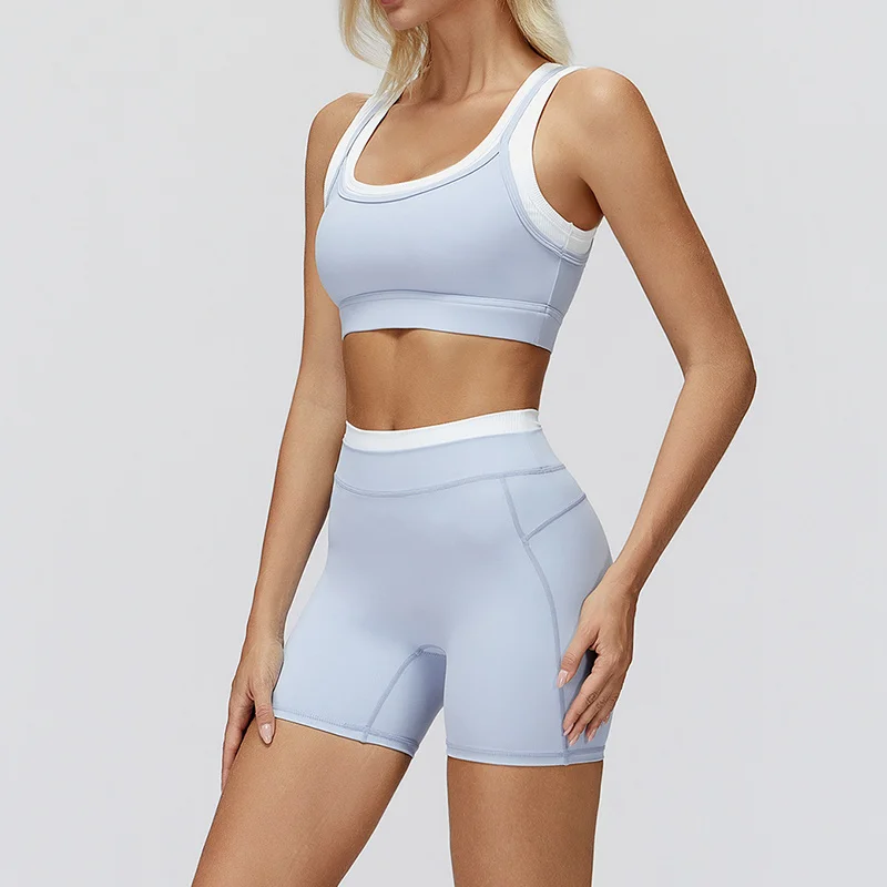 TRY TO BN Set di pantaloncini da yoga Tuta da donna Due pezzi finti Sport a costine Colore a contrasto Allenamento Corsa Fitness Abbigliamento da palestra