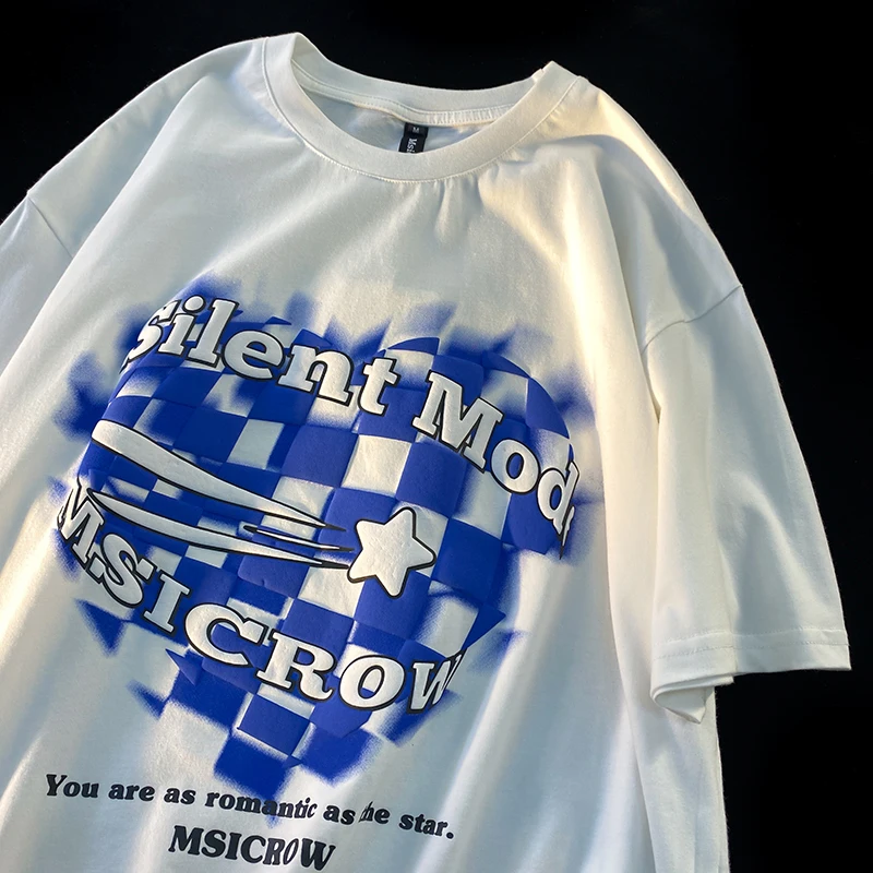 Vintage Checkerboard  Foam Letter Print Love Heart Short Sleeve T-shirt Men Women Summer Loose Hiphop Y2k Top Ins Tees ...