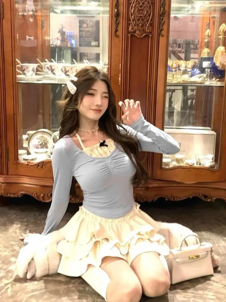 

Fashion Long Sleeved Spliced Base T-shirt Slim Fit Short Top+Cake Mini Skirt Set Spring Spicy Girl Two Piece Sets Women Outfits