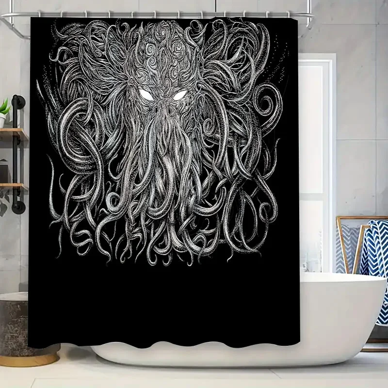 Gothic Horror Shower Curtain Skull Tentacles Dark Fantasy Decor Eerie Spooky Halloween Bathroom Set Vintage Gothic Art