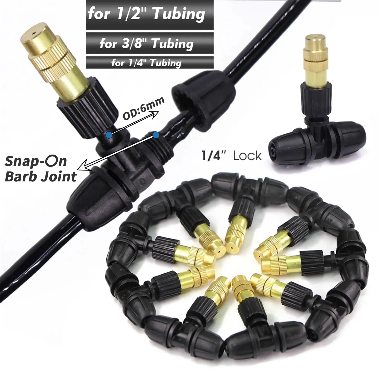 Outdoor Garden Atomizer Sprayer Brass Misting Nozzles with Tee Connector Snap On Quick Joint for 1 4 3 8 1 2 Inch Tubing Kit