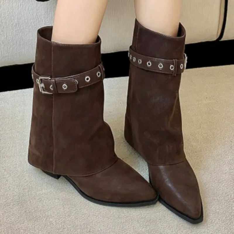 

Women's Mid Heels Mid Calf Boots 2025 New Fad Winter Pointed Toe Shoes Designer Suede Buckle Long Boots Elegant Pumps Zapatillas