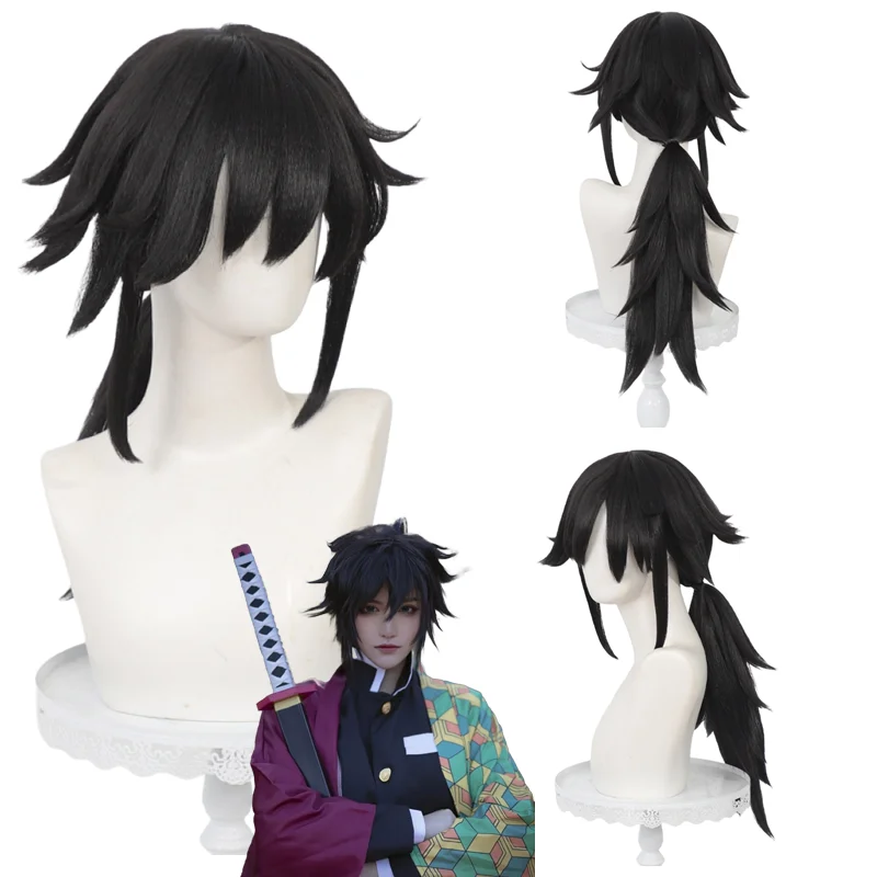 

Giyuu Tomioka Cosplay Wig Black Low Ponytail Simulated Scalp Heat Resistant Synthetic Wig for Unisex Anime Halloween Theme Party