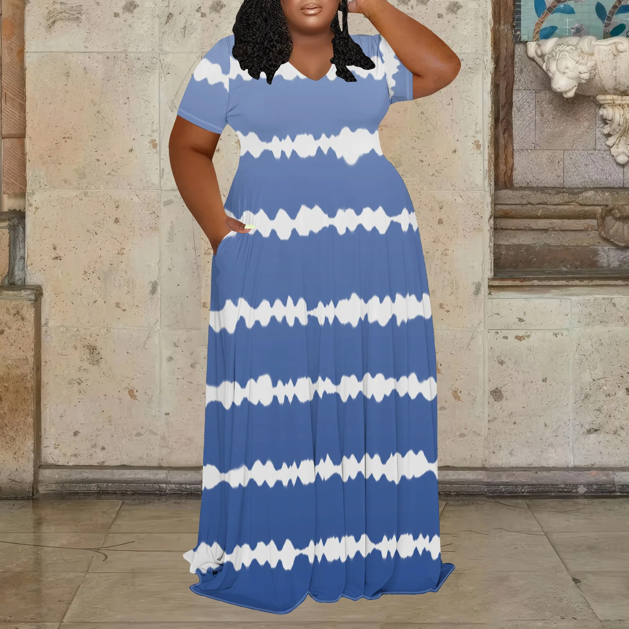 

Женское летнее платье в полоску с 3D принтом больших размеров, платье макси с короткими рукавами и v-образным вырезом (с карманами)