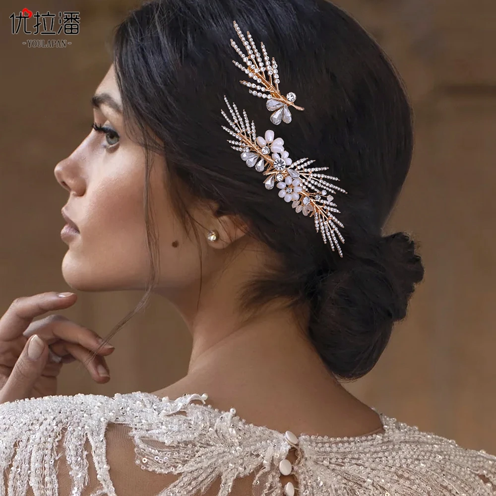 

YouLaPan Gold Color Crystal Rhinestones Head Comb Set Handmade Women Side Comb Headpieces Bridal Hair Accessories HP01 ﻿