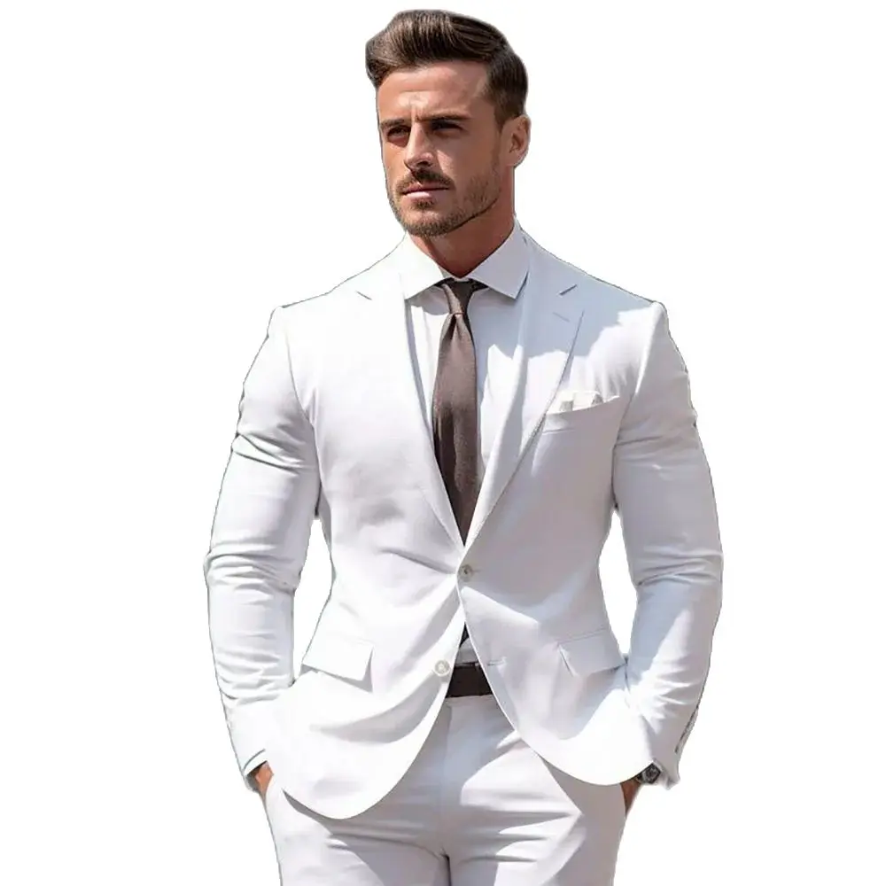 Formal White Men Suits Elegant Groom Full Set Single Breasted Notch Lapel Chic Wedding Party 2 Piece Jacket Pants Costume Homme