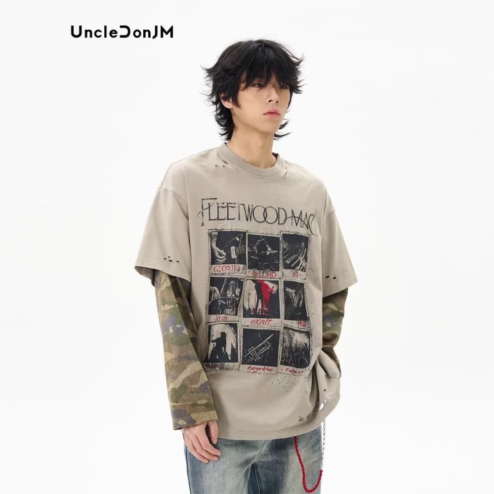 

Spring American Retro Fake Two-piece Long-sleeved T-shirt Men's Camouflage Splicing Tops T Shirts for Men