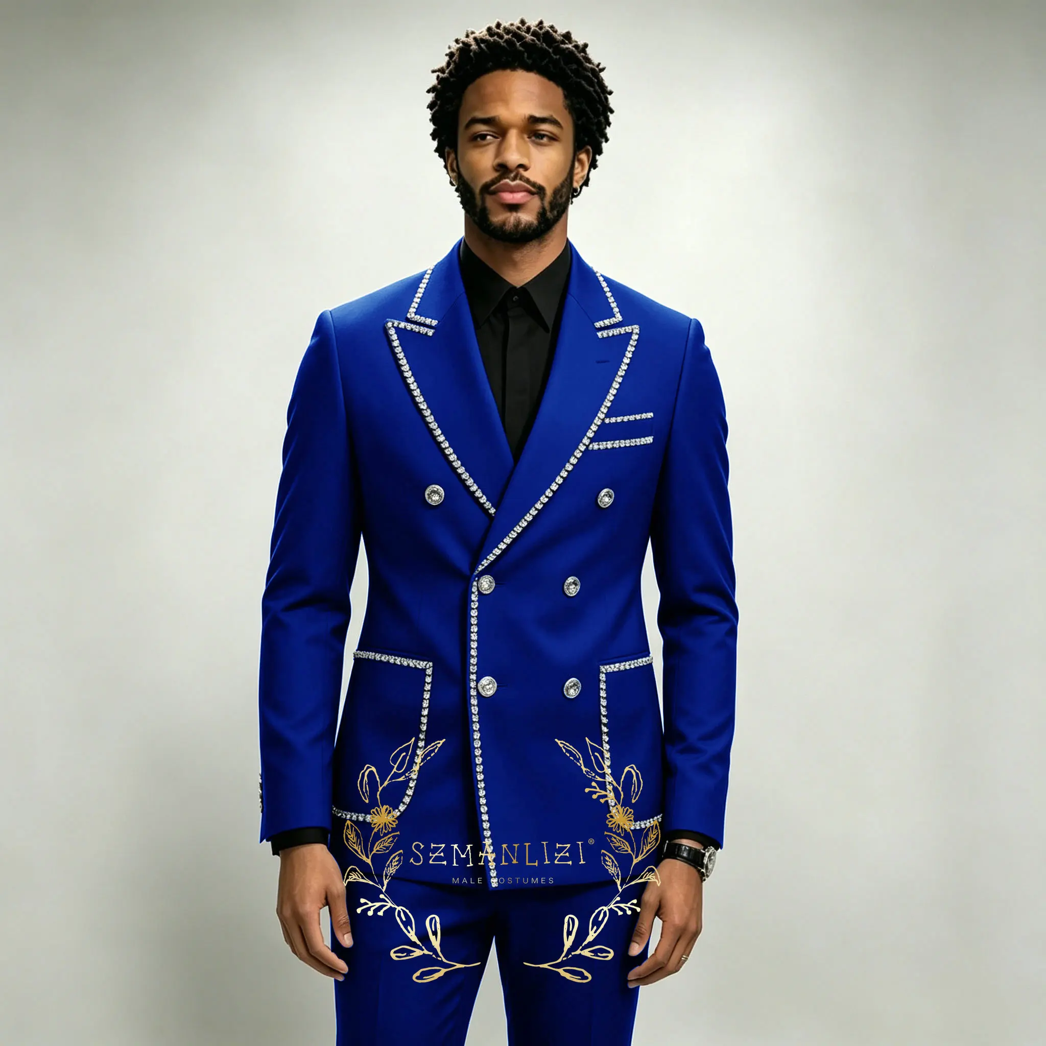 Luxury Men's Suits 2 Pieces Royal Blue Crystals Peaked Lapel Double Breasted Groom Wedding Tuxedo Wear Formal Party Prom Suits