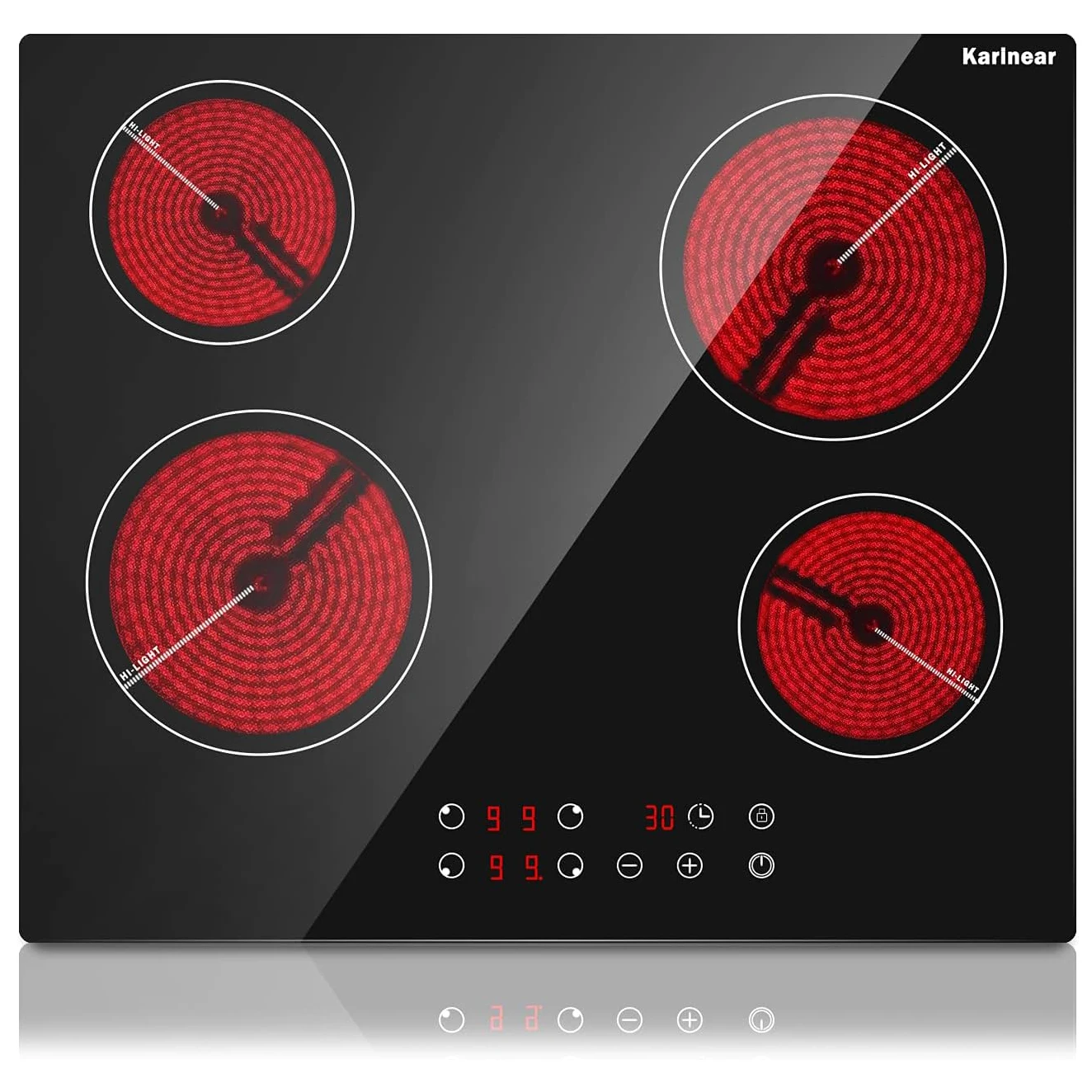 Karinear Drop-in 4 Burner Electric Cooktop 24 Inch, Residual Heat Indicator, Safety Lock, Timer, 220-240V, 6000W, Hard Wire