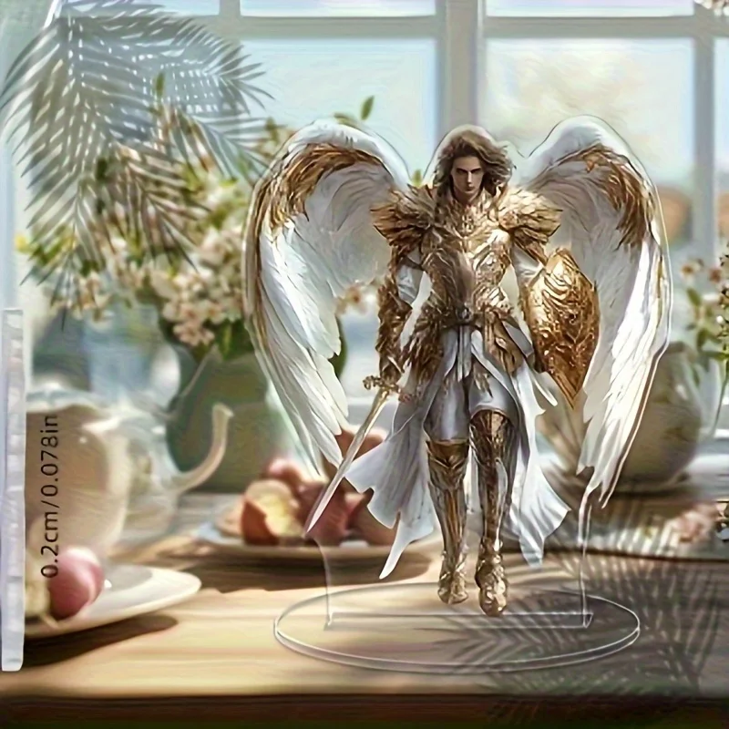 Fantasy Male Angel Warrior Acrylic Stand, 2D Flat Printed, Golden Armor Winged Seraph With Sword Shield Desktop Table Ornament