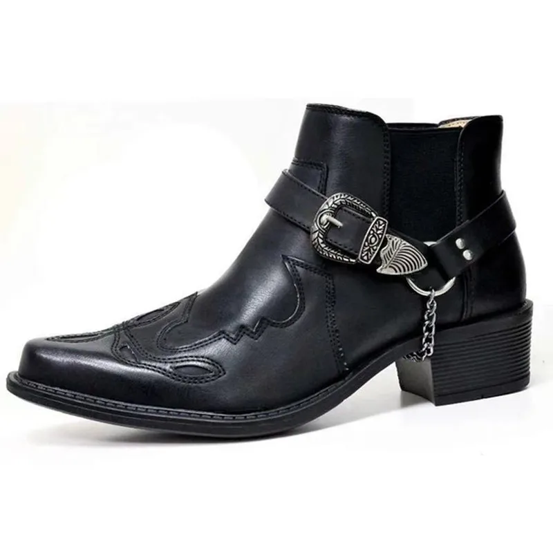 New Fashion 2026 Men's Vintage Cowboy Boots Leather High Top Chain Buckle Strap Punk Shoes Pointed Toe Biker Ankle Boots for Men