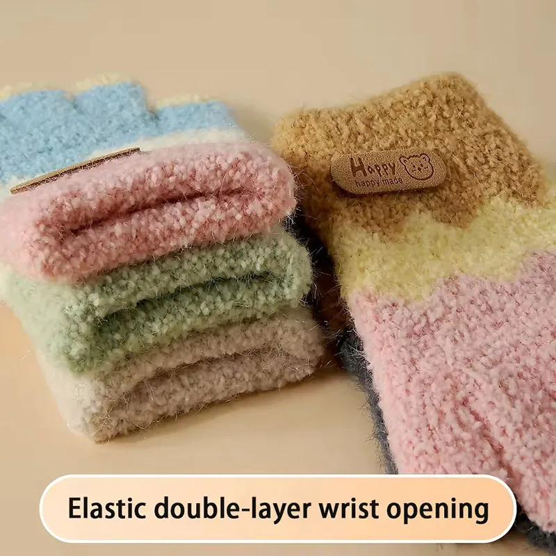 2-5 Year Old Winter Knitted Plush Cartoon Children's Gloves Cold Resistant Full Finger Gloves Cute Teddy Bear Woolen Warm Glove