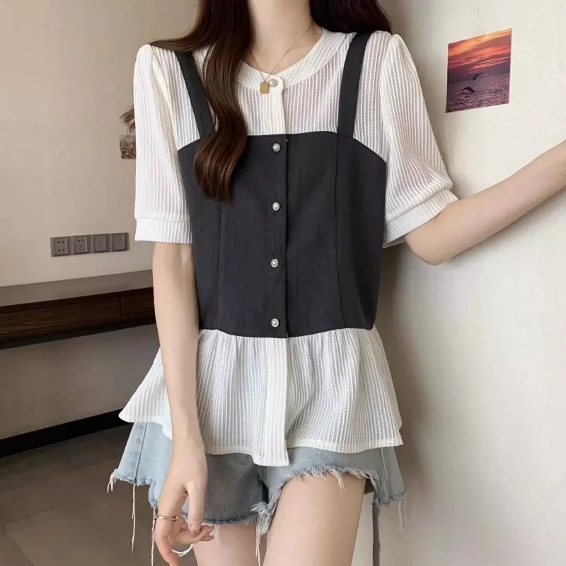 Nice Femme Summer Korean Fashion Patchwork O-neck Color Blocking Fake Two Pieces Women Clothes Fashionable Button Large Size Top