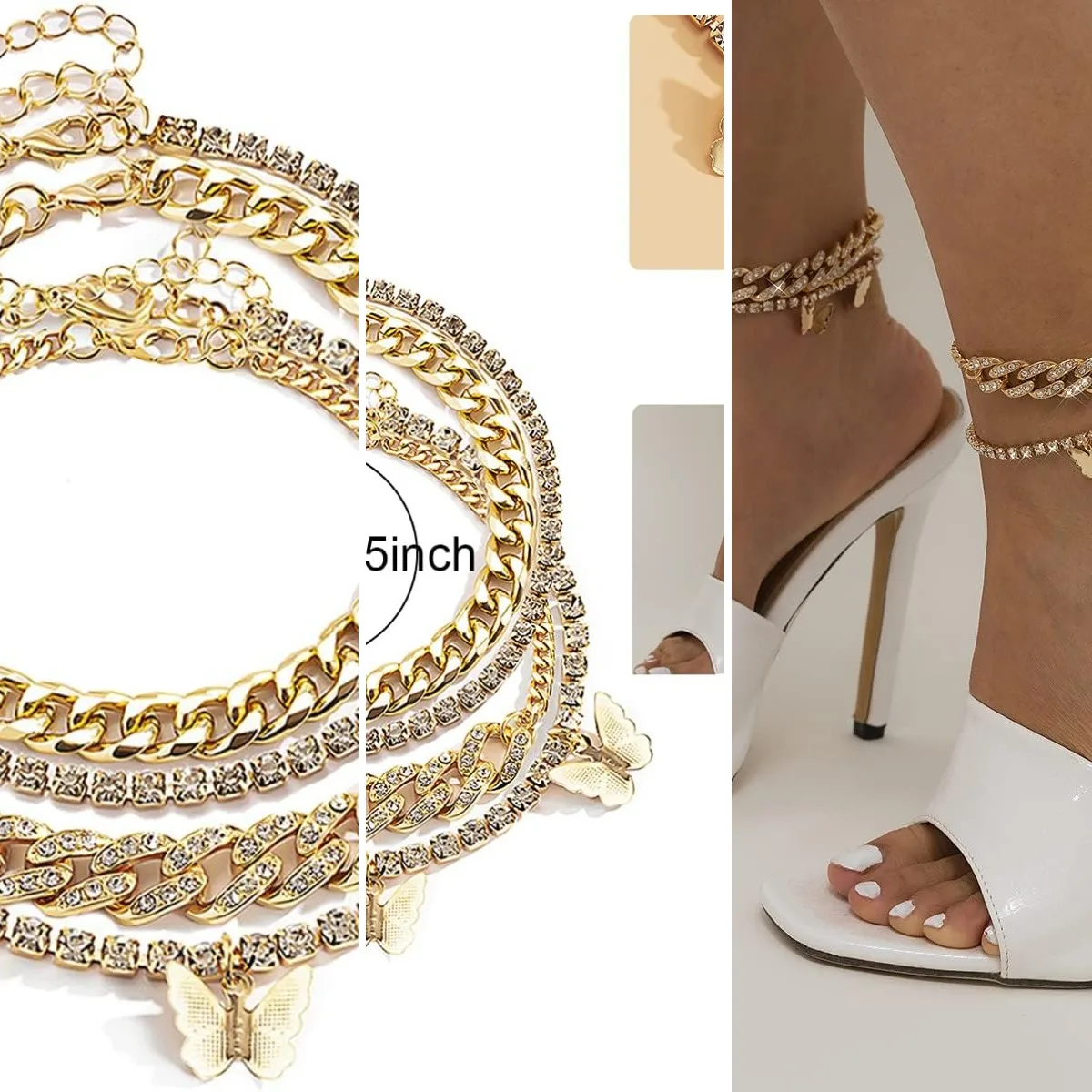 Layered Butterfly Anklet for Women Charms Butterfly Gold Plate Silver Plate Rhinestone Cuban Anklets Adjustable Anklet for Summe