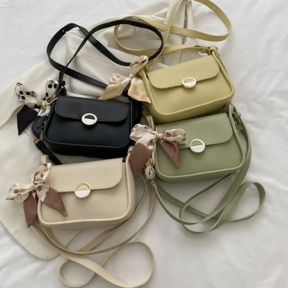 

PU Leather Shoulder Bag Large Capacity Carrying Small Square Bag with Ribbon Korean Style Chain Crossbody Bag Female Lady Girl