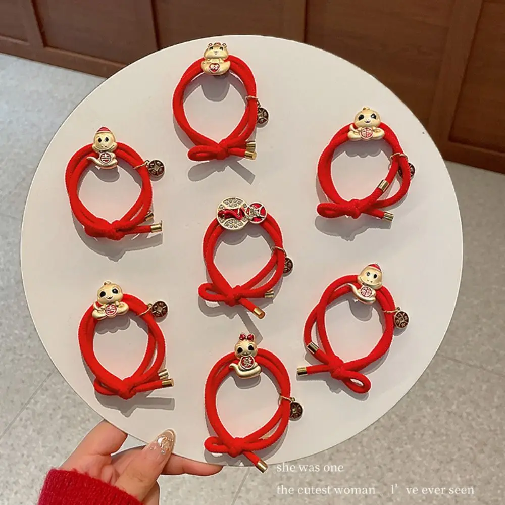 Cute Red New Year Hair Rope Rhinestone Alloy Snake Year Hair Ring Hair Accessories 2025 Chinese Style Bracelet Kids