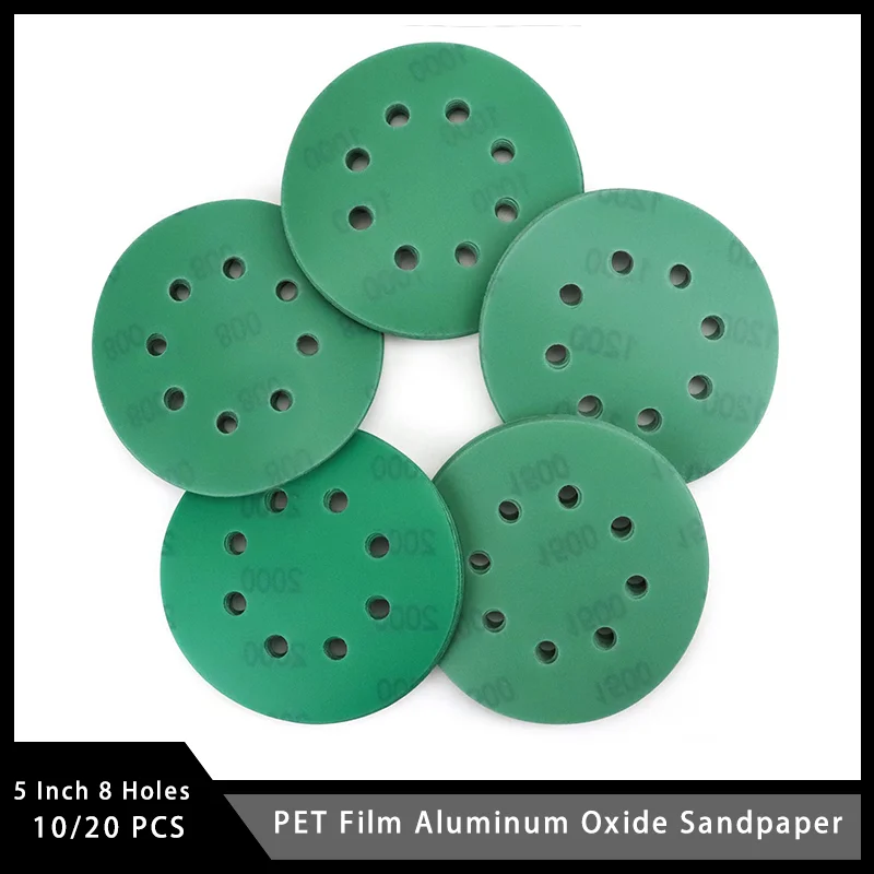 5 Inch 8 Holes Hook and Loop PET Film Aluminum Oxide Sandpaper Assorted 40-2000 Grits for Polishing and Sanding Car Body