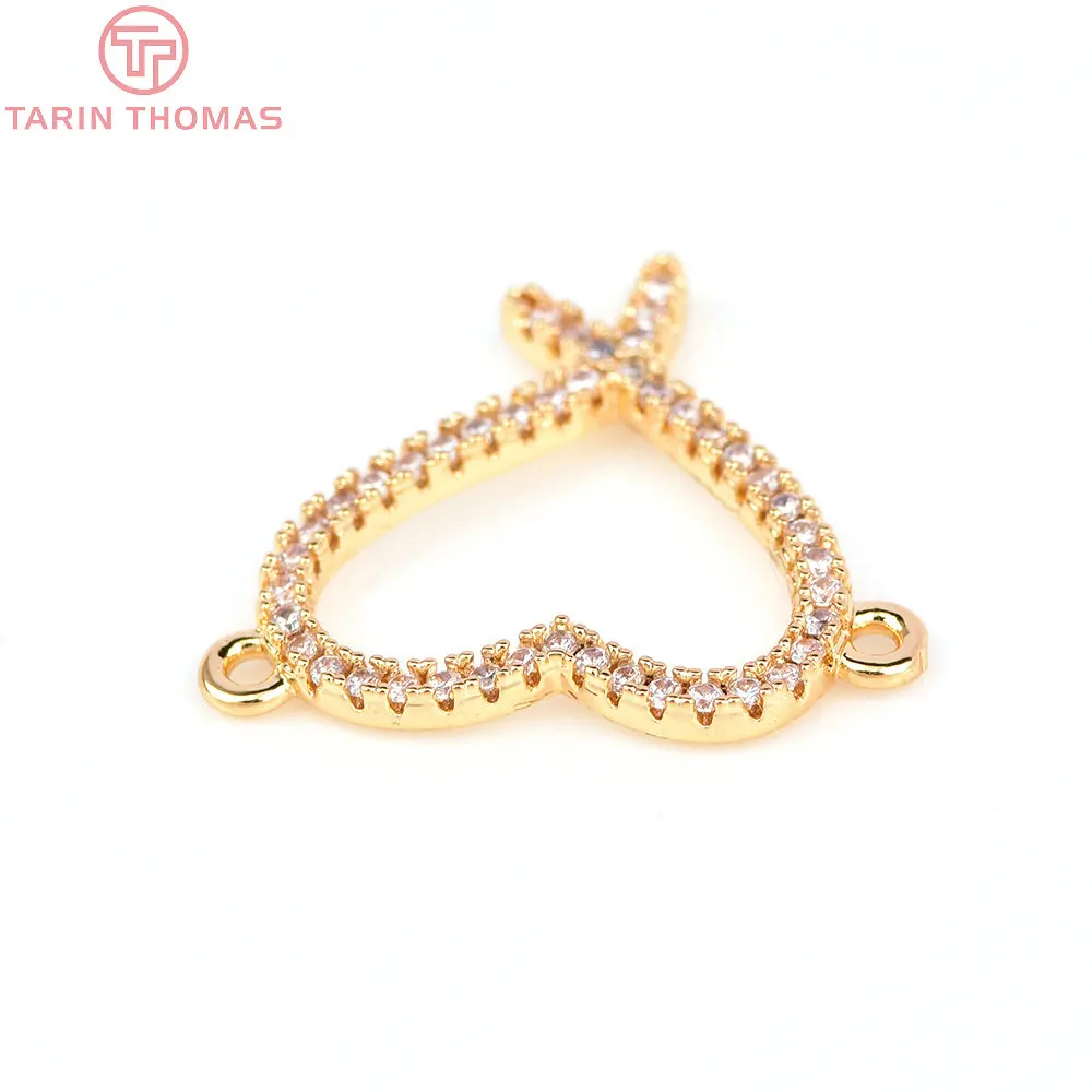 (6302) 4PCS 18x19MM 24K Gold Color Brass with Zircon Heart Charms Pendants High Quality DIY Jewelry Making Findings Wholesale