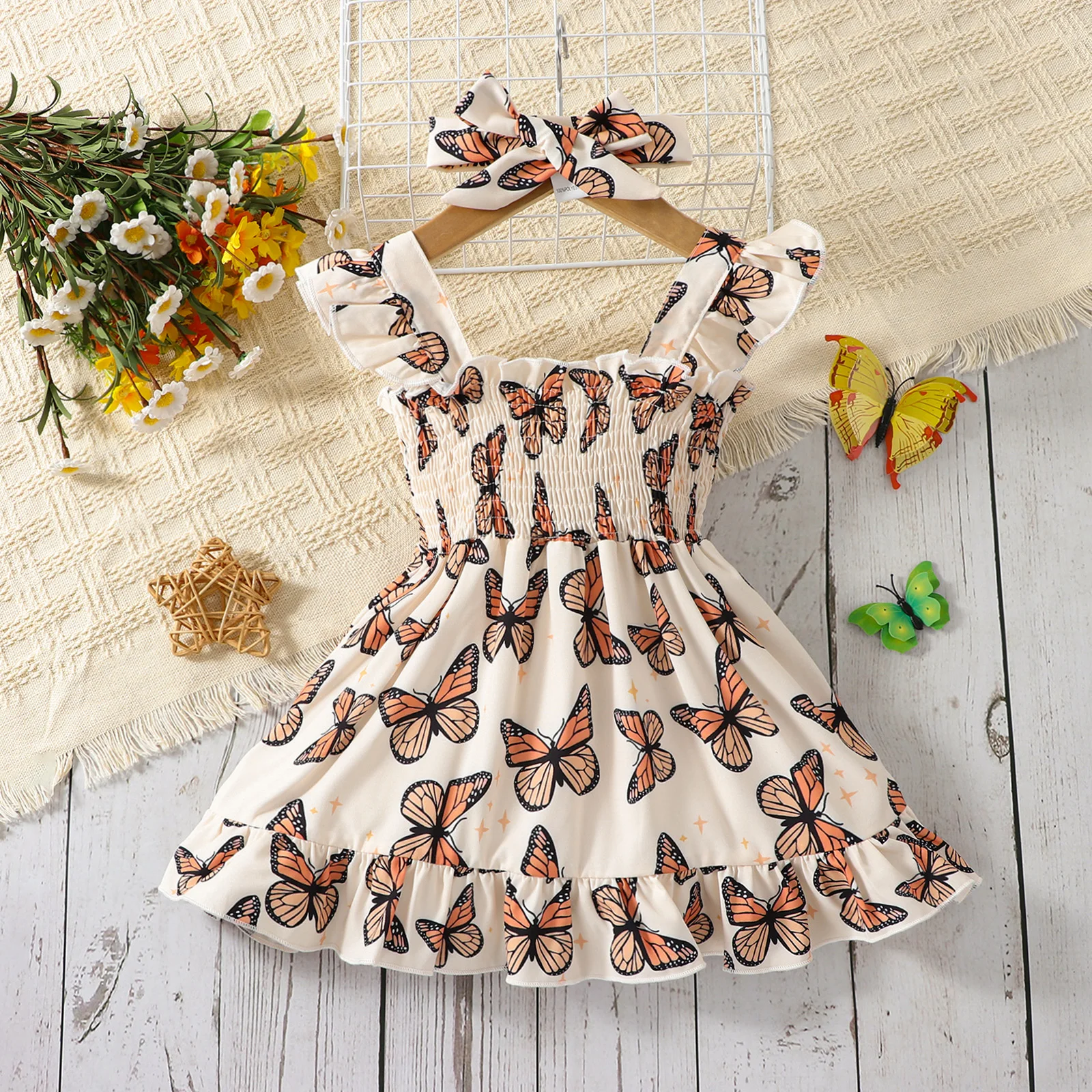 Summer-Ready: Adorable Butterfly Print Dress & Bow Headband Sets for Baby Girls Infant Newborn Fashion Clothes