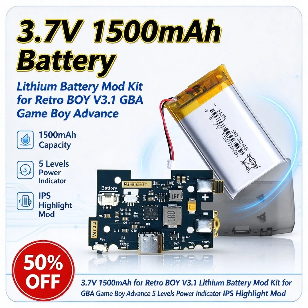 3.7V 1500mAh for Retro BOY V3.1 Lithium Battery Mod Kit for GBA Game Boy Advance 5 Levels Power Indicator IPS Highlight Mod