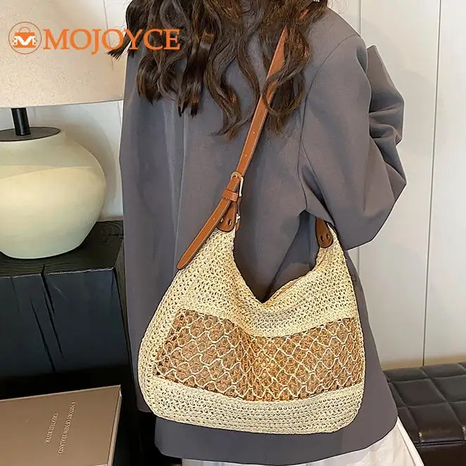 

Summer Straw Weaving Shoulder Bag Large Capacity Crochet Beach Handbag Women Handmade Woven Hollow Out Underarm Bag Knitting Bag