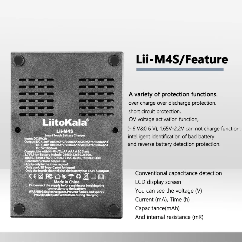 LiitoKala Lii-M4 M4S 18650 LCD Display Smart Charger Test Capacity Suitable For 3.7V 26650 18350 21700 18500 1.2V AA AAA 4 Slots