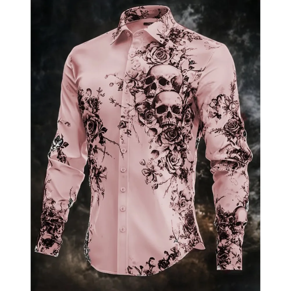 Męska koszula w paski z grafiką, nadrukiem czaszki, streetwearowa, outdoorowa, z długim rękawem, zapinana na guziki, modna odzież uliczna, prosty i stylowy design.