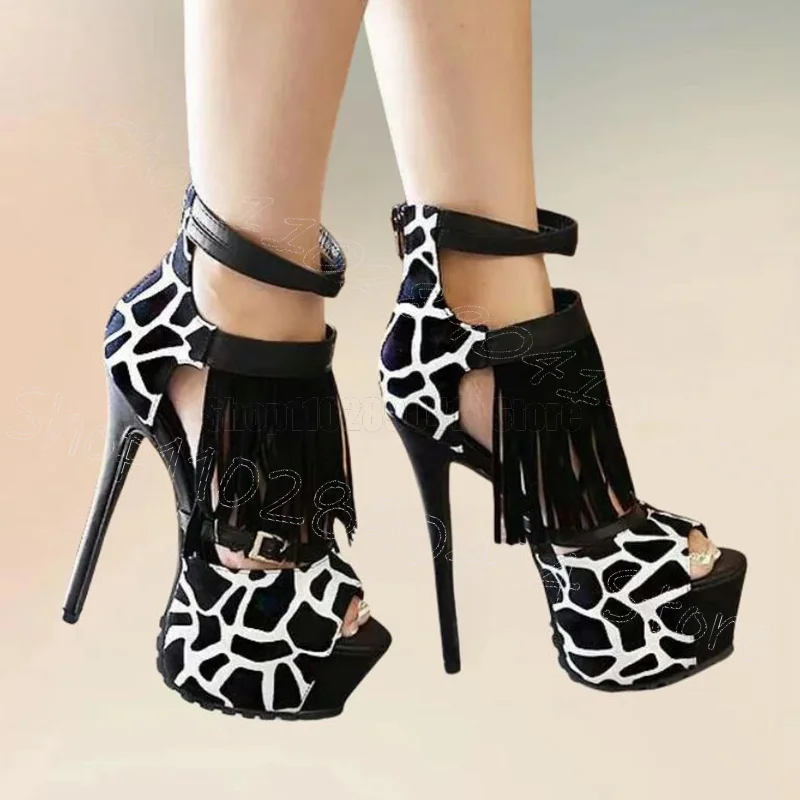 

Dairy Cow Print Black Tassels Platform Sandals Back Zipper Women Shoes Thin High Heels New Party Dating 2025 Zapatos Para Mujere