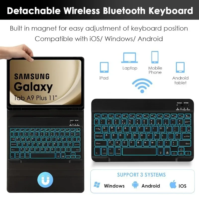 Keyboard Case for Samsung Galaxy Tab A11+11-inch/A9 Plus 11inch Detachable Backlit Keyboard With Leather Case Cover and Mouse