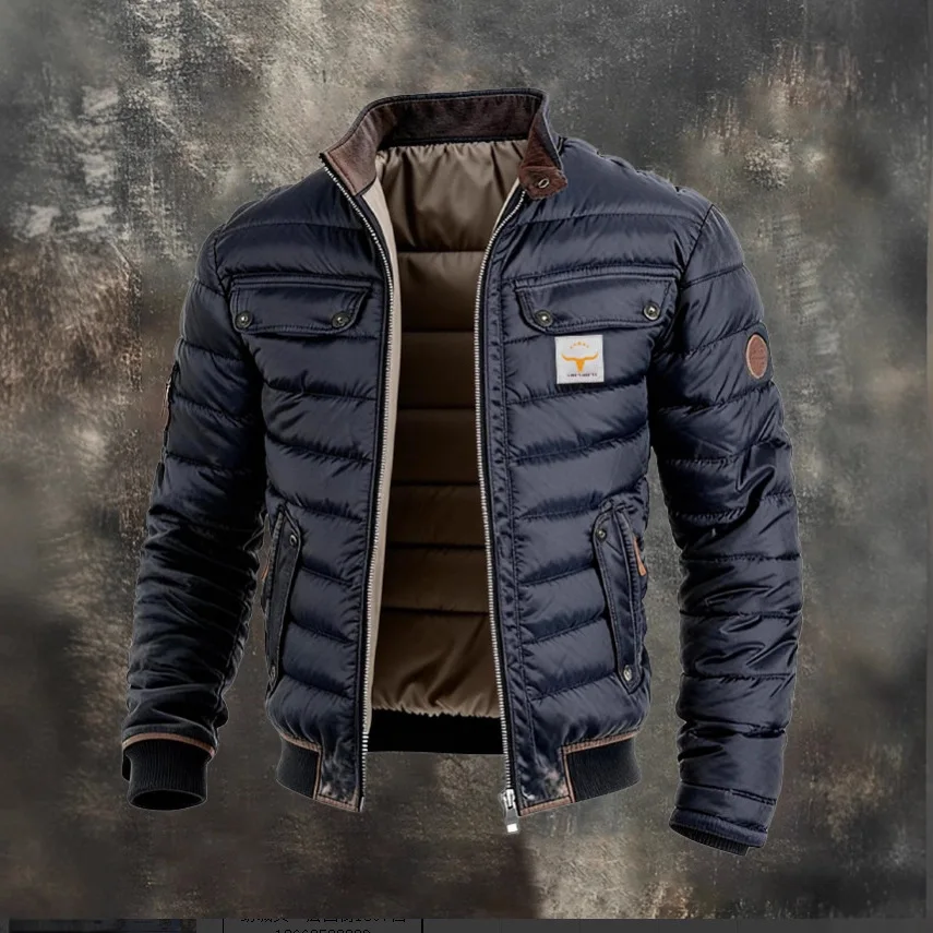 Winter Warm Men's Quilted Padded Jacket Vintage Contrast Trim Multi Pocket Stand Collar Casual Outerwear Coat
