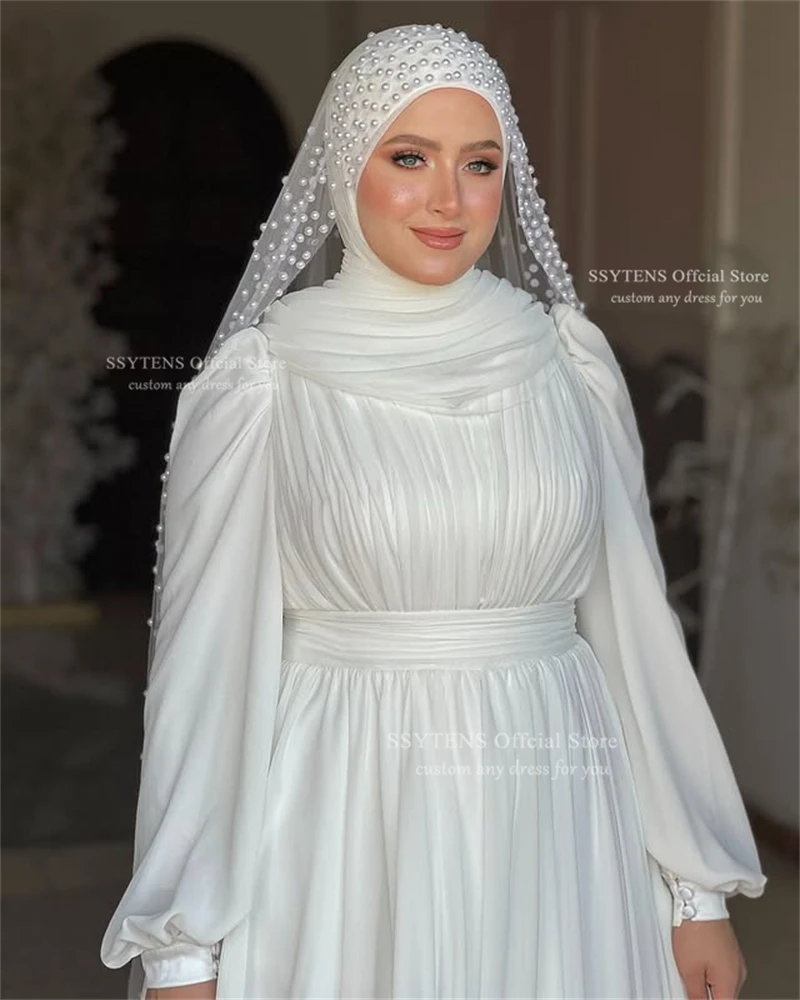 SSYTENS فساتين زفاف إسلامية بأكمام طويلة للعروس الحجاب رقبة عالية للنساء العربية دبي فساتين زفاف إسلامية بدون حجاب لؤلؤي #3