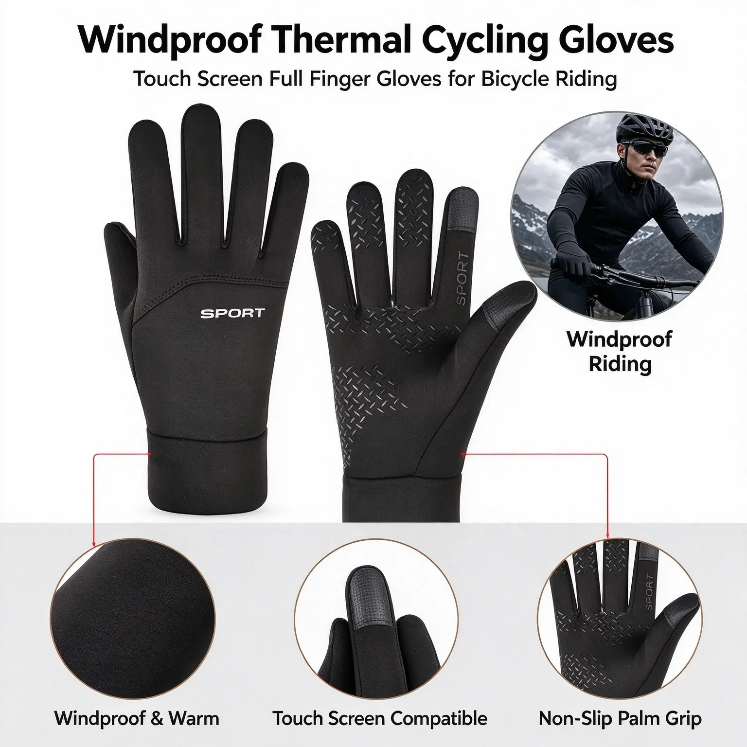 Windproof Motorcycle Gloves Outdoor Sports Ski Running Touch Screen Thin Style Fleece Gloves Non-Slip Warm Full Fingers