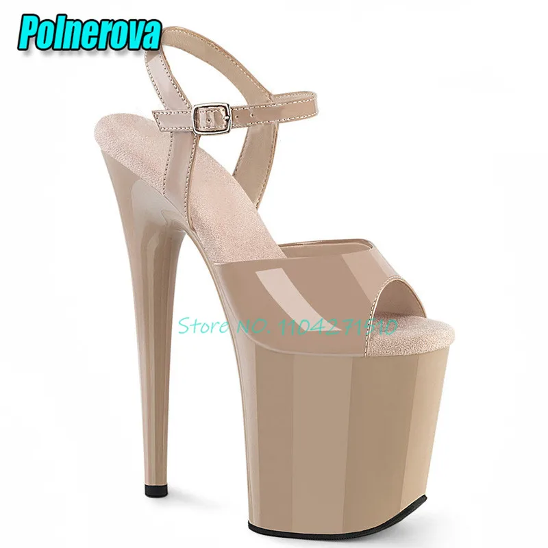 20CM High Heel Chunky Platform Women's Sandals Solid Patent Leather Peep Toe Thick Soled Stilettos Pole Dance Performance Shoes