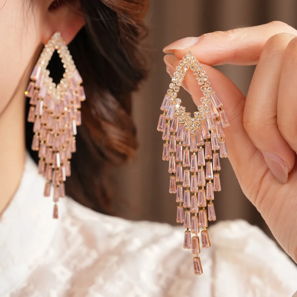 Exquisite Luxury Triangular Open‑Frame Inlay Multi‑color Zircon Tassel Dangle Earrings for Women Evening Dress Jewelry Accessory