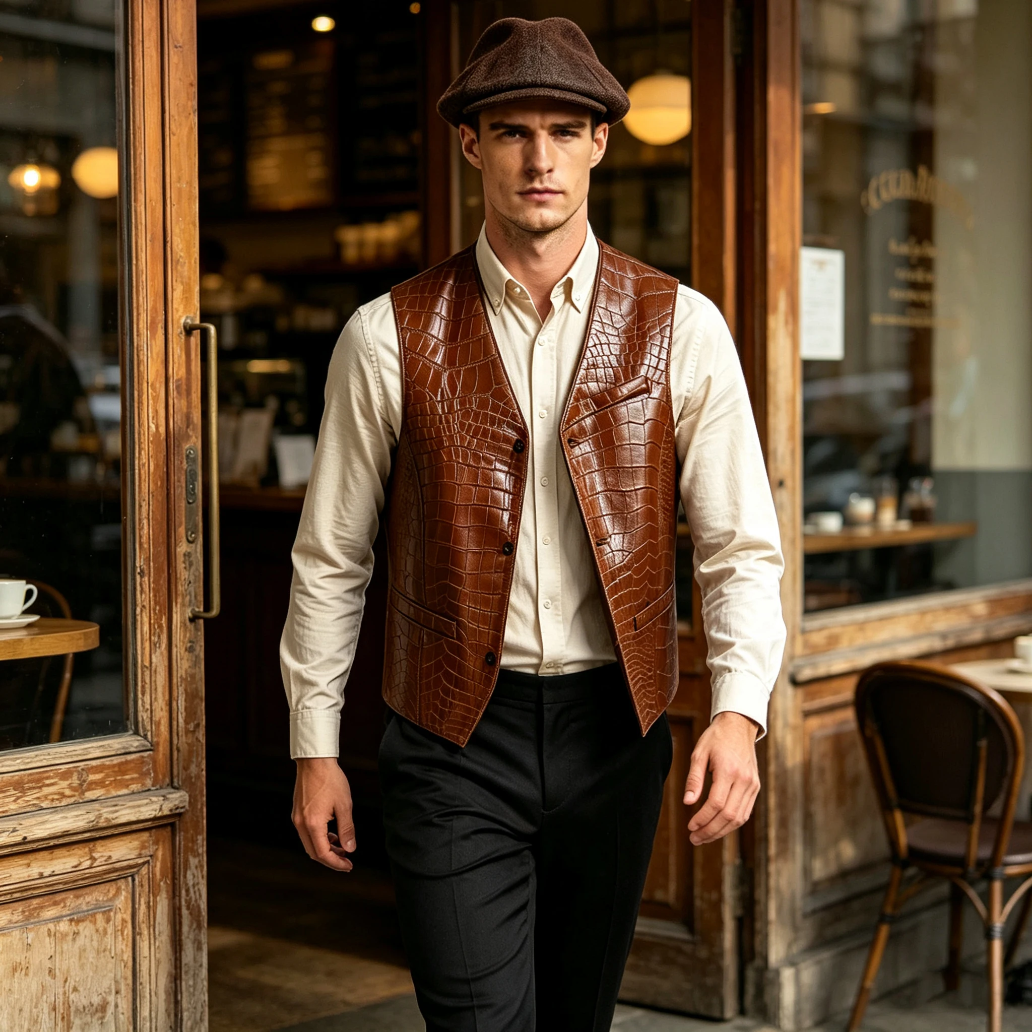 Retro Men's Crocodile Embossed Leather Vest V‑Neck Sleeveless Waistcoat Business Casual Formal Gilet For Wedding Party DailyWear