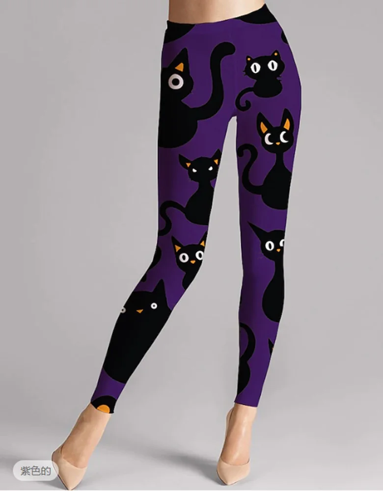 Cute cat print casual pants elastic elastic waist tight leggings for women everyday wear