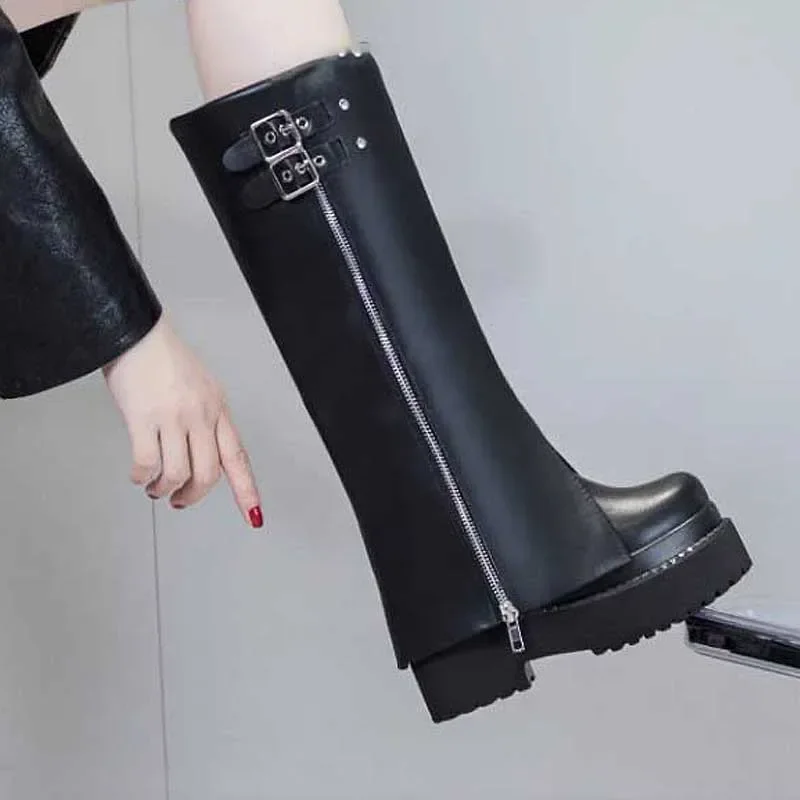 

Krasovki 12cm Genuine Leather Knee High Ankle Platform Wedge Women Autumn Spring ZIP Fashion Punk Motorcycle Chelsea Boots Shoes