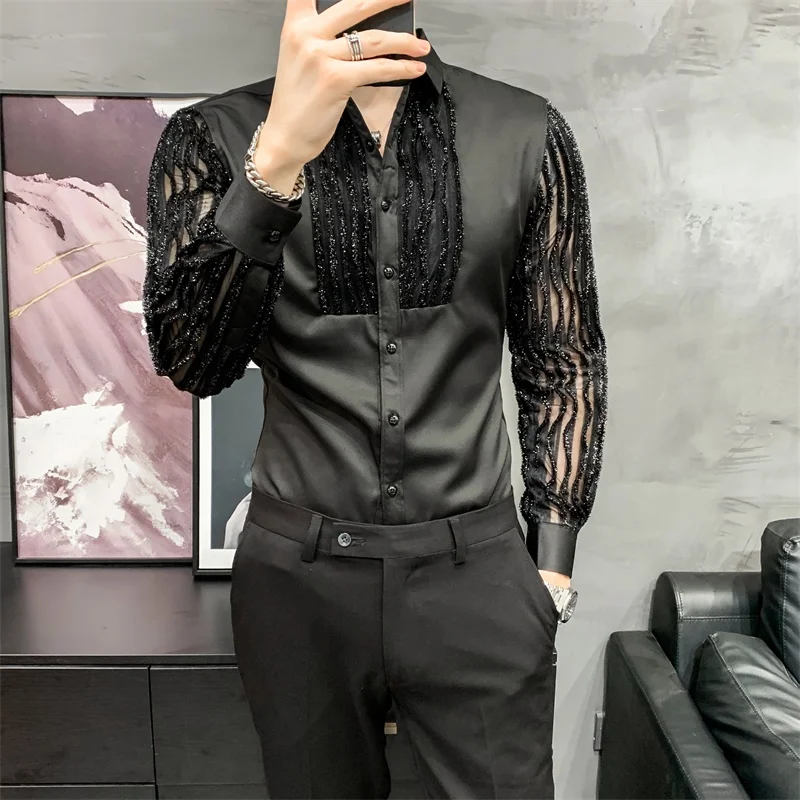 Lace Hollow Shirts for Men Long Sleeve Slim Fit Streetwear Social Party Blouse Nightclub Singer Dj Clothing Camisas Para Hombre - AliExpress 200000343 Lace Hollow Shirts for Men Long Sleeve Slim Fit Streetwear Social Party Blouse Nightclub Singer Dj Clothing Camisas Para Hombre - AliExpress 200000343
